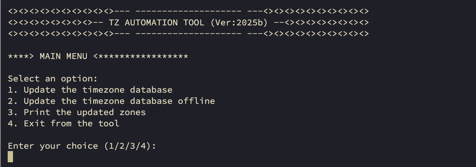 Once the user starts the time zone tool, it will open a command-line interface session for them.